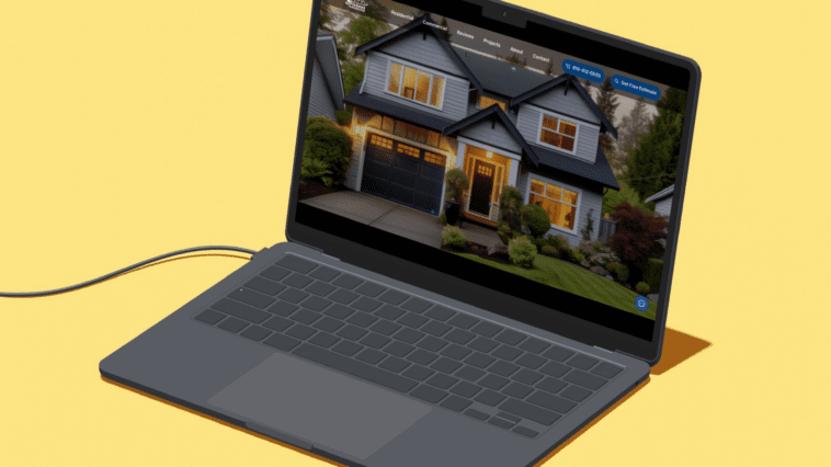 Laptop mockup on a yellow background with pickens power washing website homepage showing the Exterior of a clean house with power washing services by Pickens Power Washing